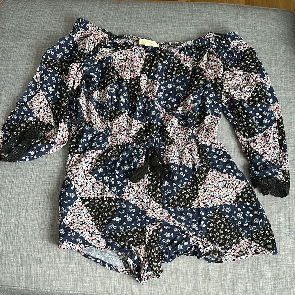 Rewind Navy Floral Off-Shoulder Romper